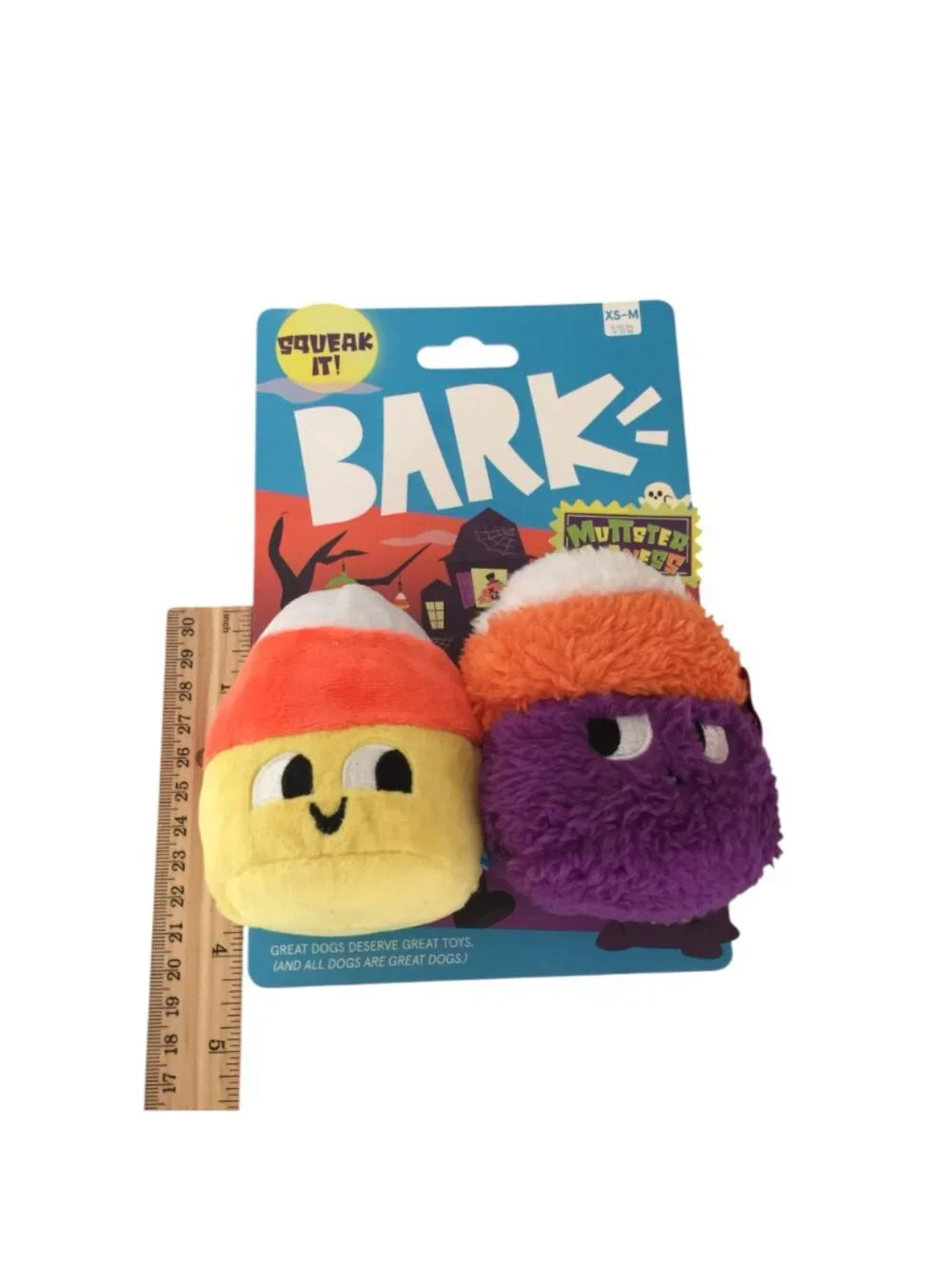 BARK Muttster Madness Candy Corn Kids  Squeak Crinkle Plush Dog Toys Set of 2
